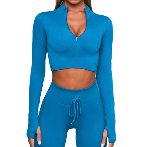 Royal Blue Seamless Zipper Pullover with Drawstring Pant Yoga Set TQX711089-62