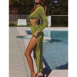 Fluorescent Green V Neck Long Sleeve Crop Top and Split Skirt Set TQX711087-57