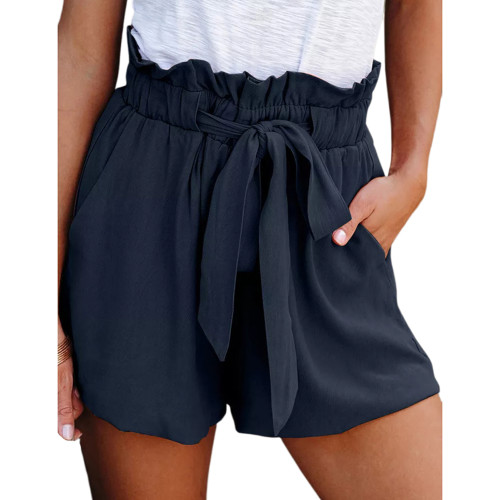 Navy Blue Lace-up High Waist Pleated Pocket Shorts TQV510082-34