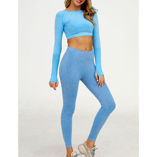 Blue Knitted Seamless Long Sleeve and Pant Yoga Set TQX711090-5