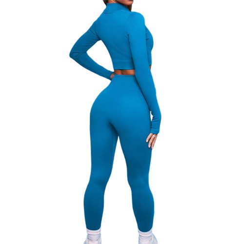 Royal Blue Seamless Zipper Pullover with Drawstring Pant Yoga Set TQX711089-62