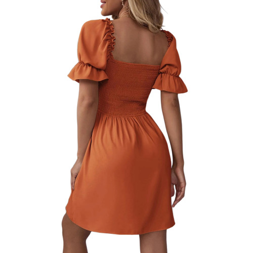 Orange Pleated Square Neck Short Sleeve Dress  TQK311362-14