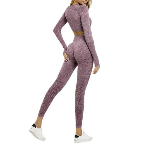 Light Purple Knitted Seamless Long Sleeve and Pant Yoga Set TQX711090-38