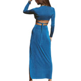 Blue V Neck Long Sleeve Crop Top and Split Skirt Set TQX711087-5