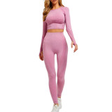 Pink Knitted Seamless Long Sleeve and Pant Yoga Set TQX711090-10