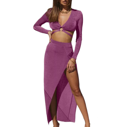 Purple V Neck Long Sleeve Crop Top and Split Skirt Set TQX711087-8