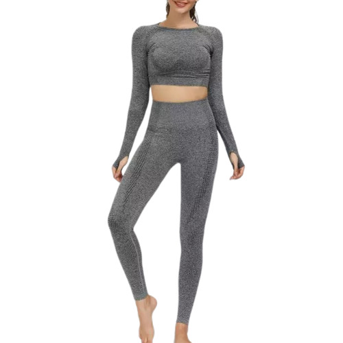 Dark Gray Knitted Seamless Long Sleeve and Pant Yoga Set TQX711090-26