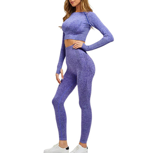 Denim Blue Knitted Seamless Long Sleeve and Pant Yoga Set TQX711090-68