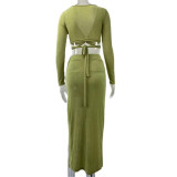 Fluorescent Green V Neck Long Sleeve Crop Top and Split Skirt Set TQX711087-57
