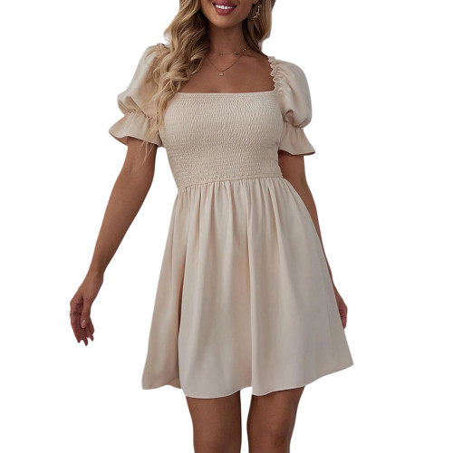 Apricot Pleated Square Neck Short Sleeve Dress  TQK311362-18
