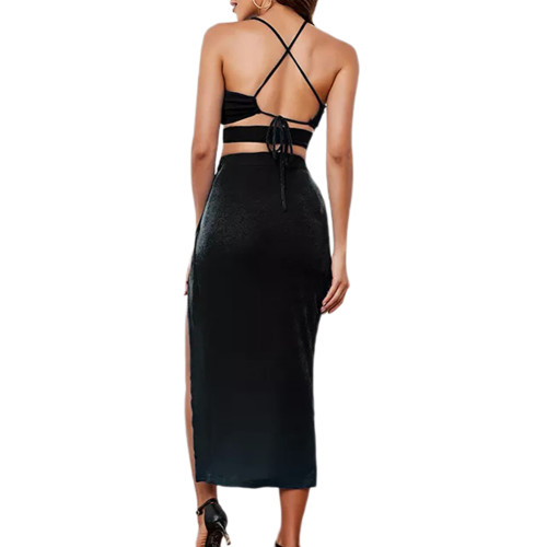 Black Back Crisscross Crop Top and Split Skirt Set TQX711088-2