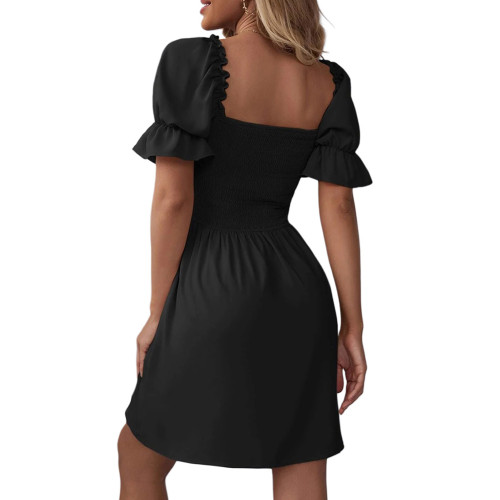 Black Pleated Square Neck Short Sleeve Dress  TQK311362-2