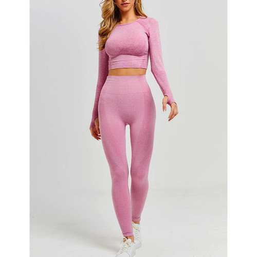 Pink Knitted Seamless Long Sleeve and Pant Yoga Set TQX711090-10