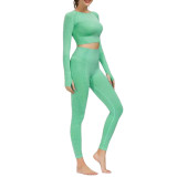 Green Knitted Seamless Long Sleeve and Pant Yoga Set TQX711090-9