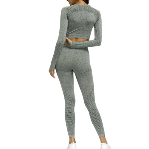 Gray-green Knitted Seamless Long Sleeve and Pant Yoga Set TQX711090-50