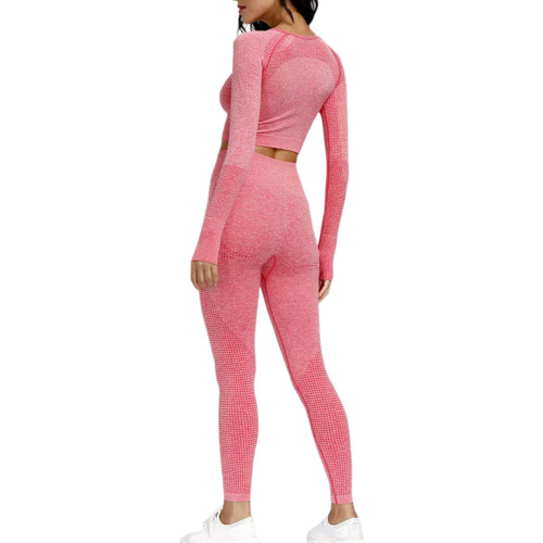 Watermelon Red Knitted Seamless Long Sleeve and Pant Yoga Set TQX711090-63