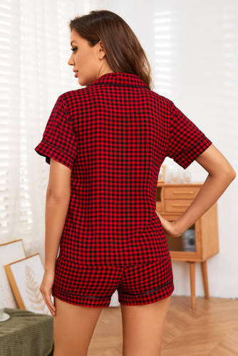 Red Plaid Short Sleeve Shirt and Drawstring Shorts Lounge Set LC15429-3