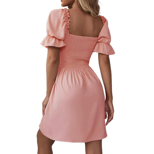 Pink Pleated Square Neck Short Sleeve Dress  TQK311362-10
