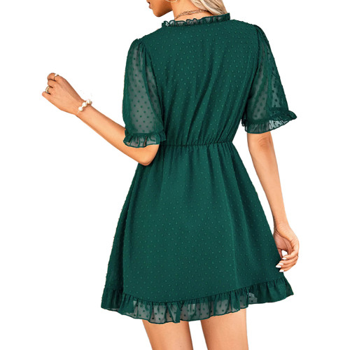 Dark Green Ruffled Hem Swiss Dot V Neck Dress TQK311367-36