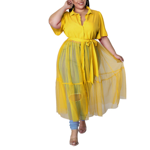 Yellow Short Sleeve Splicing Mesh Plus Size Shirt Dress TQK311374-7