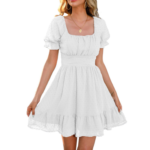 White Swiss Dot Square Neck Short Sleeve Dress TQK311364-1