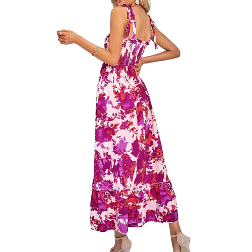 Purplish Red Lace-up Spaghetti Straps Ruched Floral Dress TQK311370-32