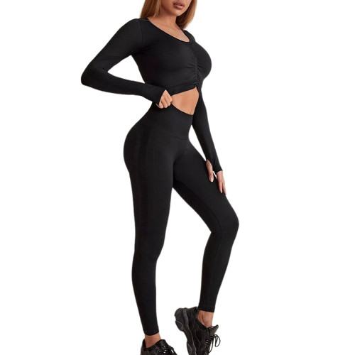 Black Seamless Pleated Long Sleeve Top and Pant Yoga Set TQX711091-2