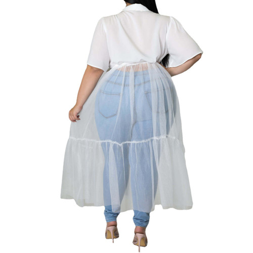 White Short Sleeve Splicing Mesh Plus Size Shirt Dress TQK311374-1