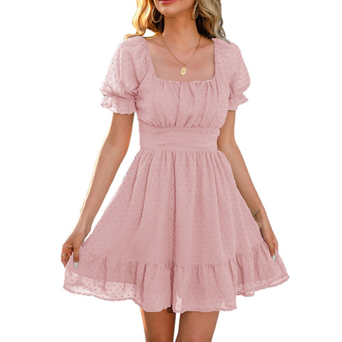Pink Swiss Dot Square Neck Short Sleeve Dress TQK311364-10