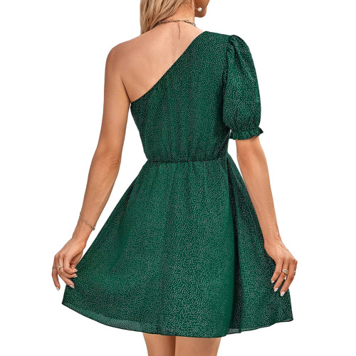 Dark Green Small Polka Dot One Shoulder Dress TQK311366-36