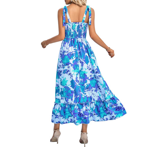 Blue Lace-up Spaghetti Straps Ruched Floral Dress TQK311370-5