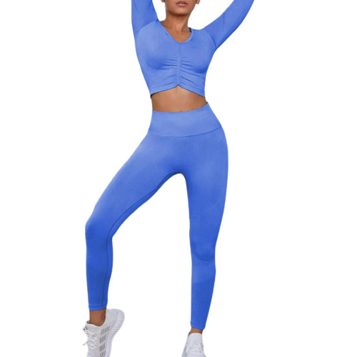 Blue Seamless Pleated Long Sleeve Top and Pant Yoga Set TQX711091-5