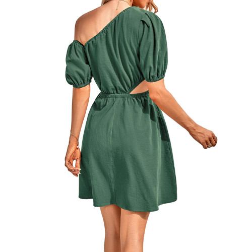 Green Cut-out One Shoulder Casual Dress TQK311365-9