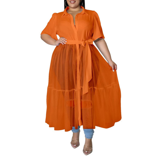 Orange Short Sleeve Splicing Mesh Plus Size Shirt Dress TQK311374-14
