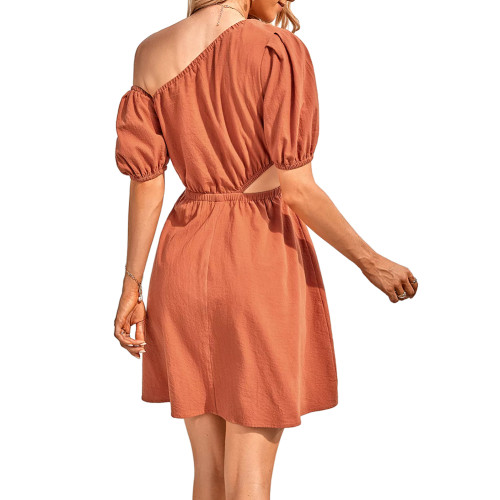 Rust Red Cut-out One Shoulder Casual Dress TQK311365-33