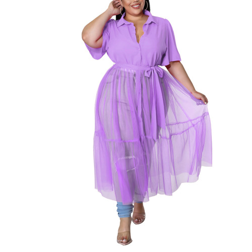 Light Purple Short Sleeve Splicing Mesh Plus Size Shirt Dress TQK311374-38