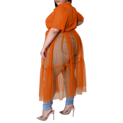 Orange Short Sleeve Splicing Mesh Plus Size Shirt Dress TQK311374-14