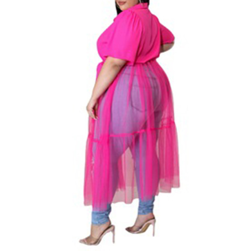 Rosy Short Sleeve Splicing Mesh Plus Size Shirt Dress TQK311374-6