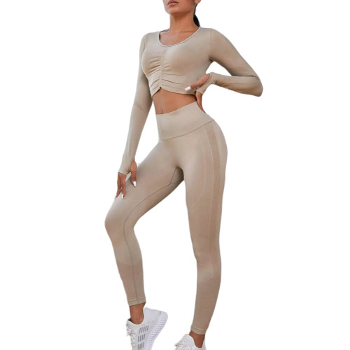 Khaki Seamless Pleated Long Sleeve Top and Pant Yoga Set TQX711091-21