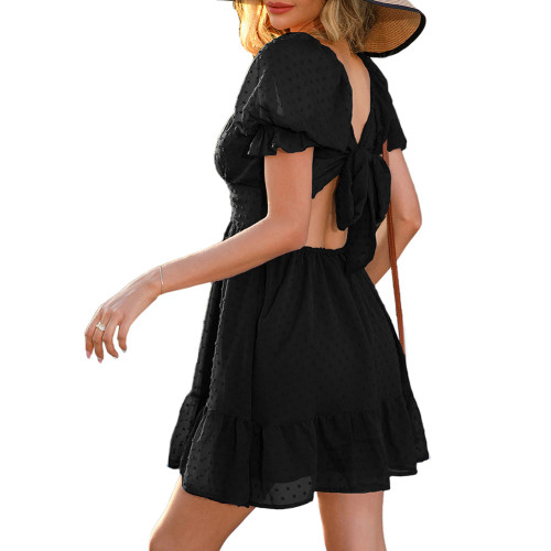 Black Swiss Dot Square Neck Short Sleeve Dress TQK311364-2