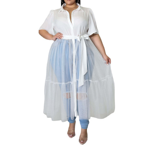 White Short Sleeve Splicing Mesh Plus Size Shirt Dress TQK311374-1