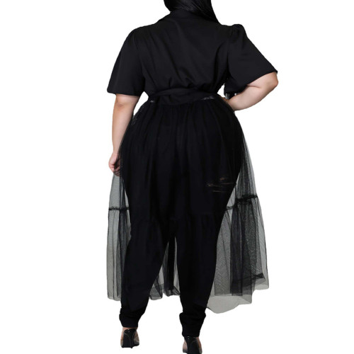 Black Short Sleeve Splicing Mesh Plus Size Shirt Dress TQK311374-2