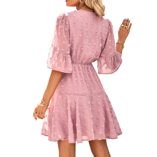 Pink Swiss Dot Mesh Short Sleeve V Neck Dress  TQK311368-10