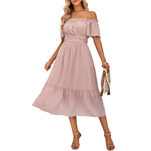 Pink Off Shoulder Pleated Slim Shoulder Midi Dress TQK311369-10