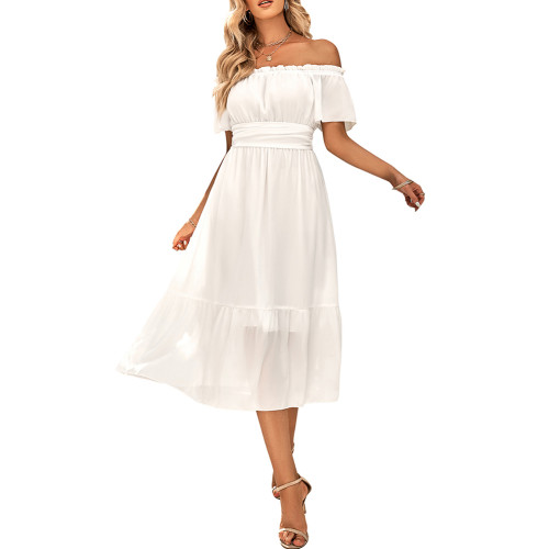 White Off Shoulder Pleated Slim Shoulder Midi Dress TQK311369-1
