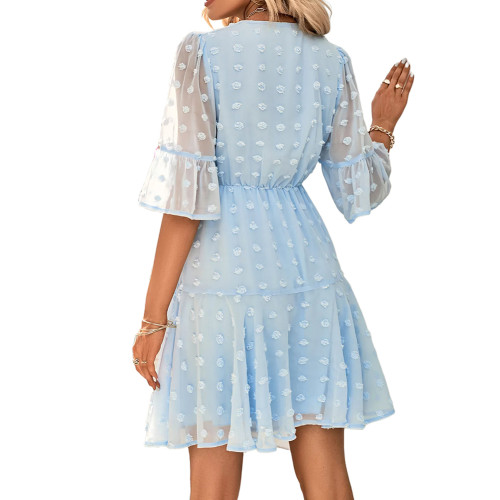 Light Blue Swiss Dot Mesh Short Sleeve V Neck Dress  TQK311368-30