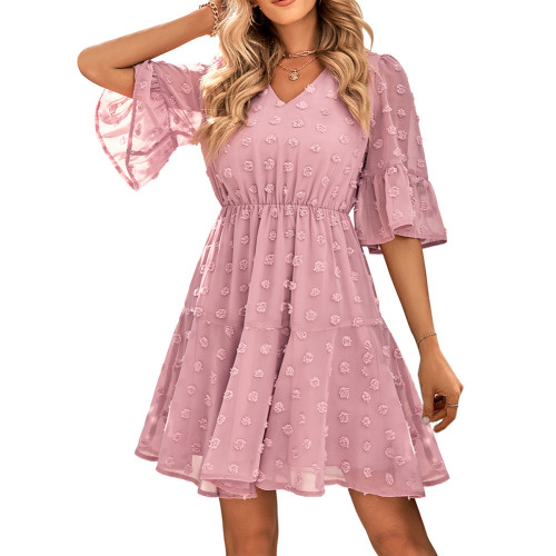 Pink Swiss Dot Mesh Short Sleeve V Neck Dress  TQK311368-10
