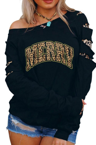 Black Slash Sleeves Leopard Letted Print Sweatshirt LC25313974-2