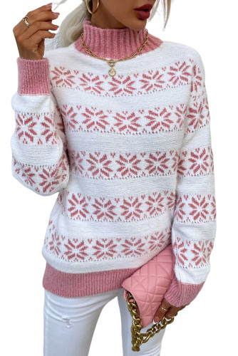 Pink High Neck Christmas Snowflakes Print Sweater LC2722808-10