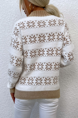 Khaki High Neck Christmas Snowflakes Print Sweater LC2722808-16